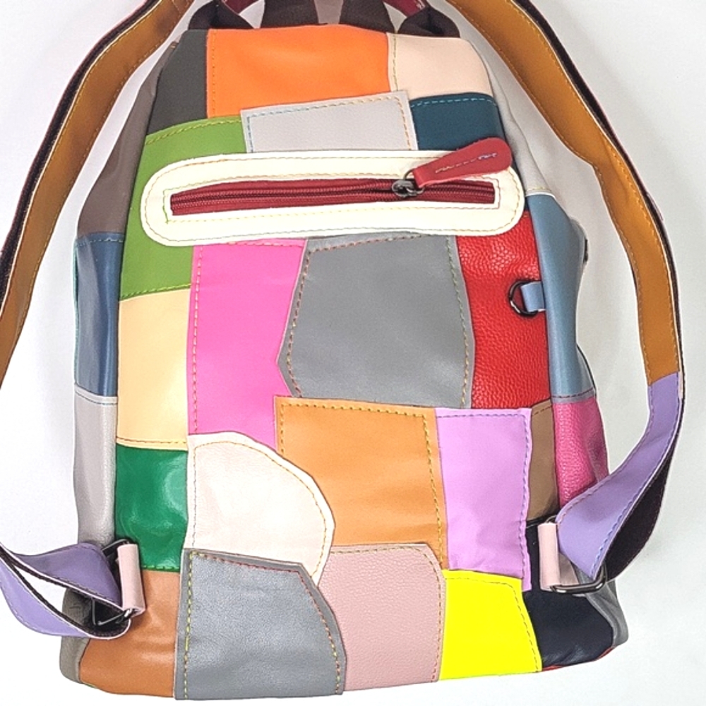 Colorful Leather Patchwork Backpack Purse - image 4
